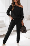 Black Beaded Decor Pullover and Jogger Pants Set-Loungewear-MomFashion