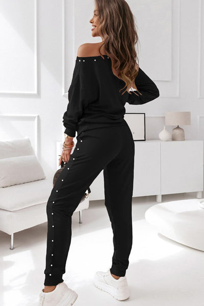 Black Beaded Decor Pullover and Jogger Pants Set-Loungewear-MomFashion