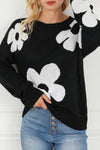 Black Big Flower Pattern Knit Sweater-Tops-MomFashion