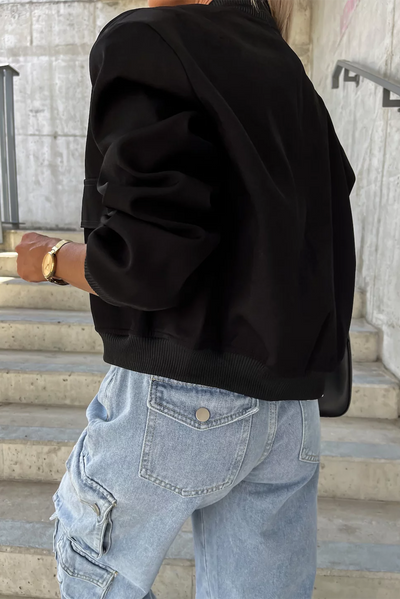 Black Big Pockets Baseball Collar Jacket-Outerwear-MomFashion