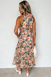 Black Boho Floral Print Knotted Halter Ruffled Maxi Dress-Dresses-MomFashion