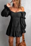 Black Boho Solid Shirred Ruffle Mini Dress-Dresses-MomFashion