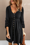 Black Button Up High Waist Long Sleeve Dress-Dresses-MomFashion