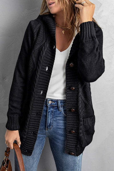 Black Buttoned Hooded Open Front Knitted Sweater-Tops-MomFashion