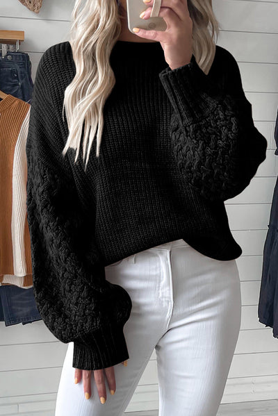 Black Cable Knit Sleeve Drop Shoulder Sweater-Tops-MomFashion