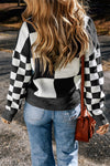 Black Checkered Print Drop Shoulder Sweater-Tops-MomFashion