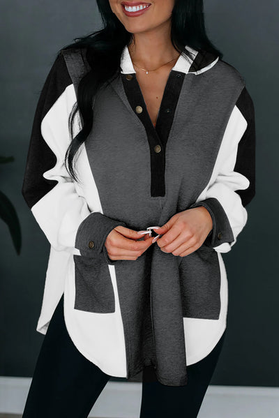 Black Color Block Exposed Seam Buttoned Neckline Hoodie-Tops-MomFashion