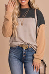 Black Color Block Long Sleeve Ribbed Loose Top-Tops-MomFashion