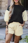 Black Color Block Quilted 3/4 Sleeve Top and Shorts Set-Loungewear-MomFashion