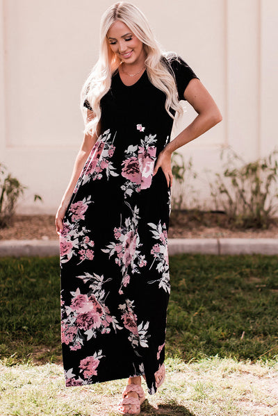 Black Contrast Floral Empire Waist Maxi Dress-Dresses-MomFashion