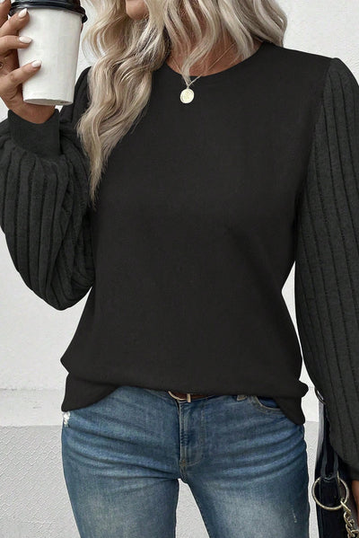 Black Contrast Ribbed Bishop Sleeve Top-Tops-MomFashion