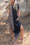 Black Contrast Solid Leopard Short Sleeve T-shirt Dress with Slits-Dresses-MomFashion