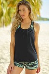 Black Contrast Splice Racerback Tankini Printed 2pcs Set-Swimwear-MomFashion