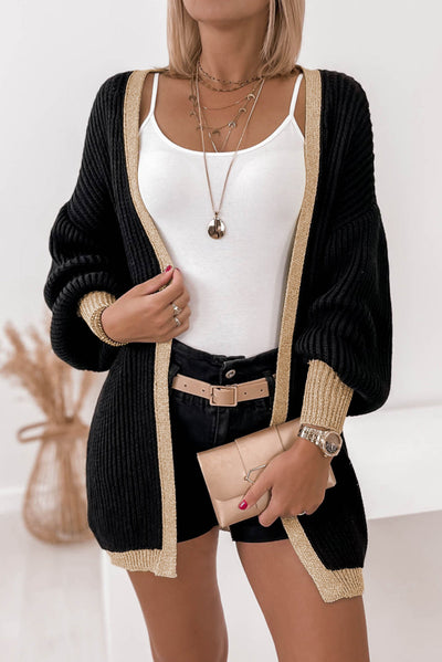 Black Contrast Trim Open Front Lantern Sleeves Cardigan-Tops-MomFashion