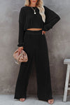 Black Corded Cropped Pullover and Wide Leg Pants Set-Loungewear-MomFashion