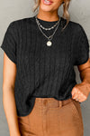 Black Crew Neck Cable Knit Short Sleeve Sweater-Tops-MomFashion