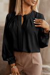 Black Crew Neck Gathered Stretch Cuff Shirt-Tops-MomFashion