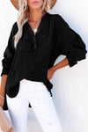 Black Crinkle Textured Loose Henley Top-Tops-MomFashion