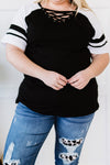 Black Crisscross V Neck Raglan Sleeve Plus Size Tee-Plus Size-MomFashion