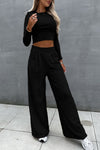 Black Crop Top and Wide Leg Pants Two Piece Set-Loungewear-MomFashion