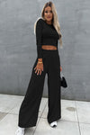 Black Crop Top and Wide Leg Pants Two Piece Set-Loungewear-MomFashion