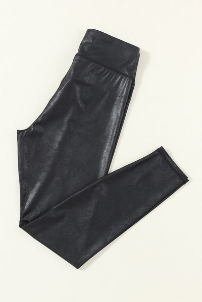 Black Crossed Dip Waist Sleek Leather Leggings-Bottoms-MomFashion