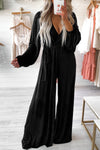 Black Cutout Back Belted V Neck Wide Leg Jumpsuit-Bottoms-MomFashion