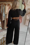 Black Cutout Back Belted V Neck Wide Leg Jumpsuit-Bottoms-MomFashion