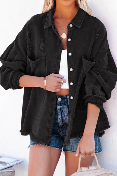 Black Distressed Fringe Trim Denim Jacket-Outerwear-MomFashion