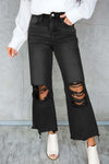 Black Distressed Hollow-out High Waist Cropped Flare Jeans-Bottoms-MomFashion