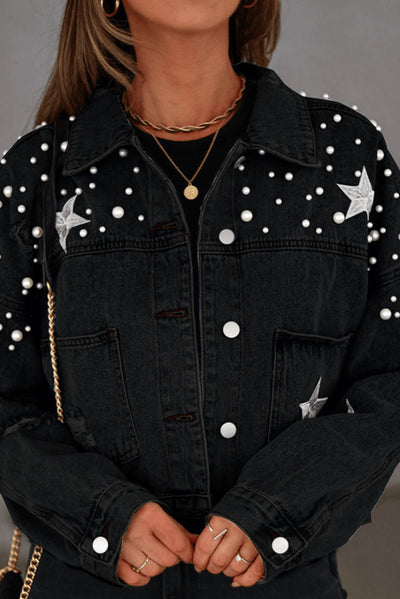 Black Distressed Pearls Star Cropped Denim Jacket-Outerwear-MomFashion