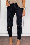 Black Distressed Raw Edge Cropped Skinny Jeans-Bottoms-MomFashion