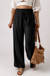 Black Drawstring Elastic Waist Casual Wide Leg Pants-Bottoms-MomFashion