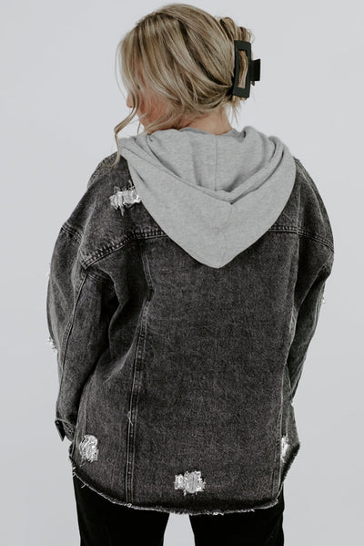 Black Drawstring Hooded Frayed Denim Jacket-Outerwear-MomFashion