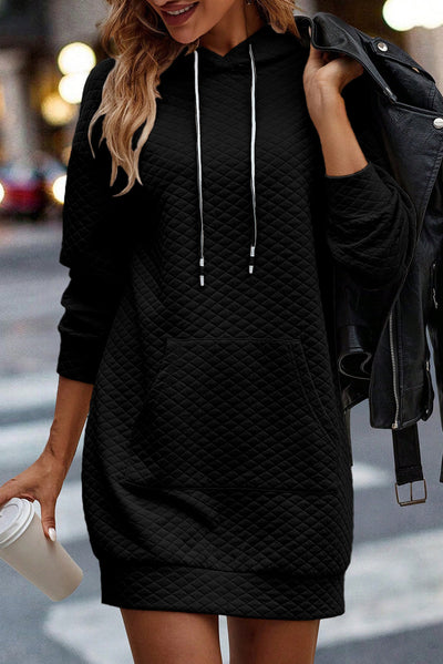 Black Drawstring Kangaroo Pocket Quilted Hooded Dress-Dresses-MomFashion