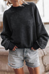 Black Drop Shoulder Crew Neck Pullover Sweatshirt-Tops-MomFashion