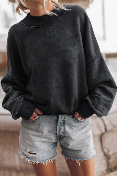 Black Drop Shoulder Crew Neck Pullover Sweatshirt-Tops-MomFashion