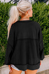 Black Drop Shoulder Henley Buttons Sweatshirt-Tops-MomFashion