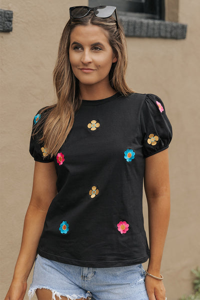 Black Embroidered Flower Short Puff Sleeve Tee-Tops-MomFashion