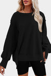 Black Exposed Seam Drop Shoulder Slit High Low Hem Sweatshirt-Tops-MomFashion