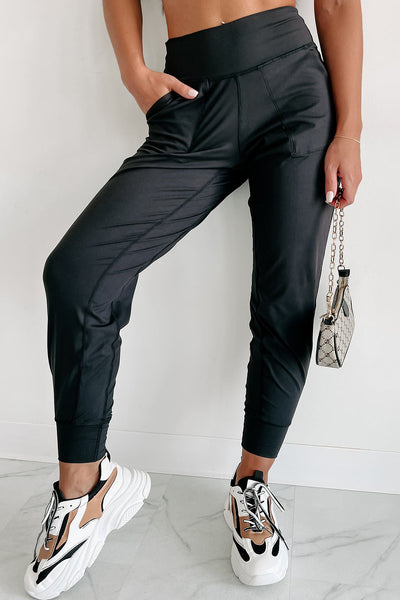 Black Exposed Seam High Waist Pocketed Joggers-Bottoms-MomFashion