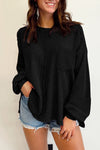 Black Exposed Seam Patchwork Bubble Sleeve Waffle Knit Top-Tops-MomFashion