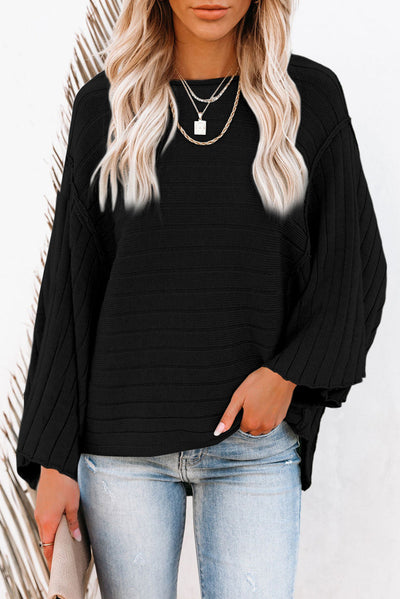 Black Exposed Seam Ribbed Knit Dolman Top-Tops-MomFashion