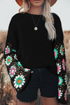 Black Floral Crochet Bell Sleeve Loose Sweater-Tops-MomFashion