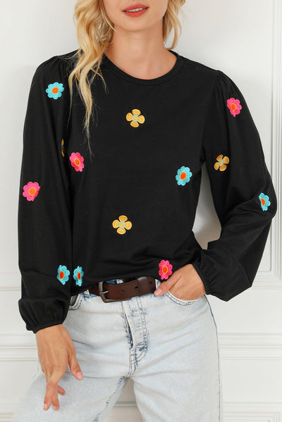 Black Floral Embroidered Puff Sleeve Top-Tops-MomFashion