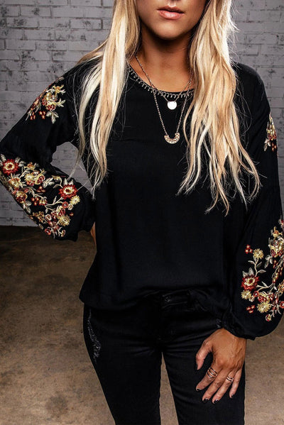 Black Floral Embroidery Long Sleeve Top-Tops-MomFashion