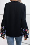 Black Floral Patched Flounce Sleeve Split Neck Blouse-Tops-MomFashion