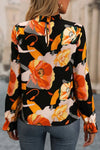 Black Floral Print Mock Neck Blouse-Tops-MomFashion