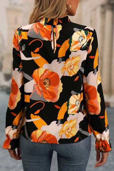 Black Floral Print Mock Neck Blouse-Tops-MomFashion