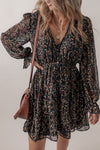 Black Floral Print V Neck Ruffled Puff Sleeve Mini Dress-Dresses-MomFashion